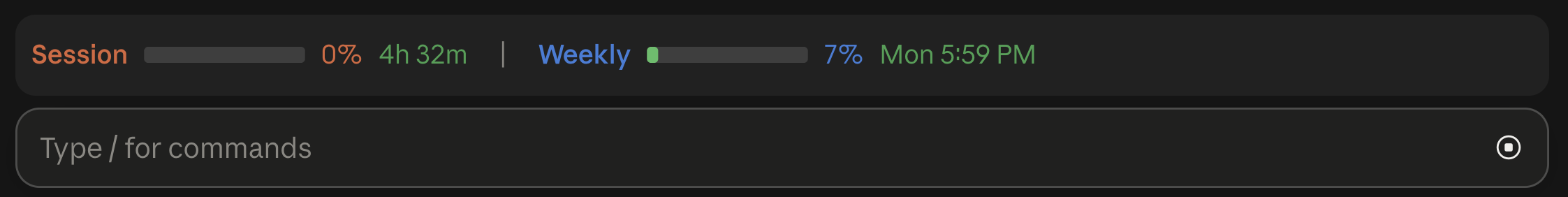 The Claude desktop app's Code tab, with session and weekly usage bars in a band just above the prompt: session 0% resetting in 4 hours 32 minutes, weekly 7% resetting Monday at 5:59 PM.