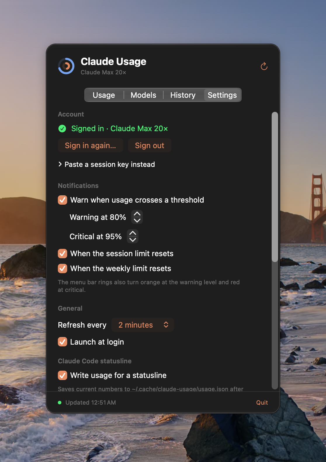 The Settings tab: signed in to a Claude Max account, notifications at 80% warning and 95% critical and when the session and weekly limits reset, a two-minute refresh, launch at login, and the option to write usage for a Claude Code statusline.