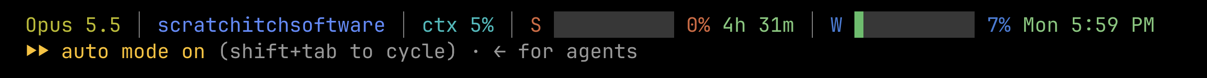 The Claude Usage statusline in a terminal: the model, the folder, context at 5%, a session bar at 0% resetting in 4 hours 31 minutes, and a weekly bar at 7% resetting Monday at 5:59 PM.