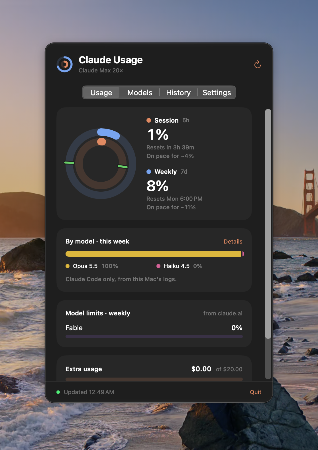 The Claude Usage popover on the Usage tab: two concentric rings showing session usage at 1% and weekly usage at 8%, reset times, on-pace estimates of about 4% for the session and 11% for the week, a by-model share bar, claude.ai's weekly model limits, and extra usage of $0.00 of $20.00.