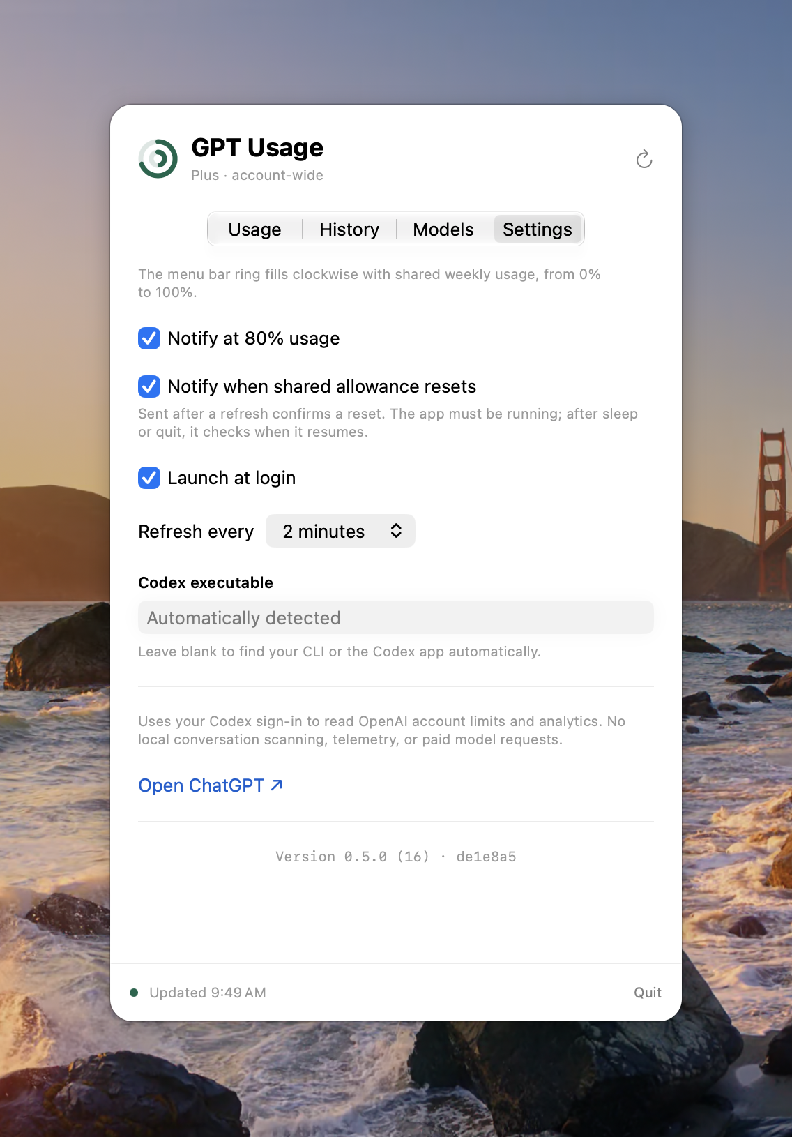 The Settings tab: notify at 80% usage, notify when the shared allowance resets, launch at login, refresh every 2 minutes, and the Codex executable set to automatically detected.
