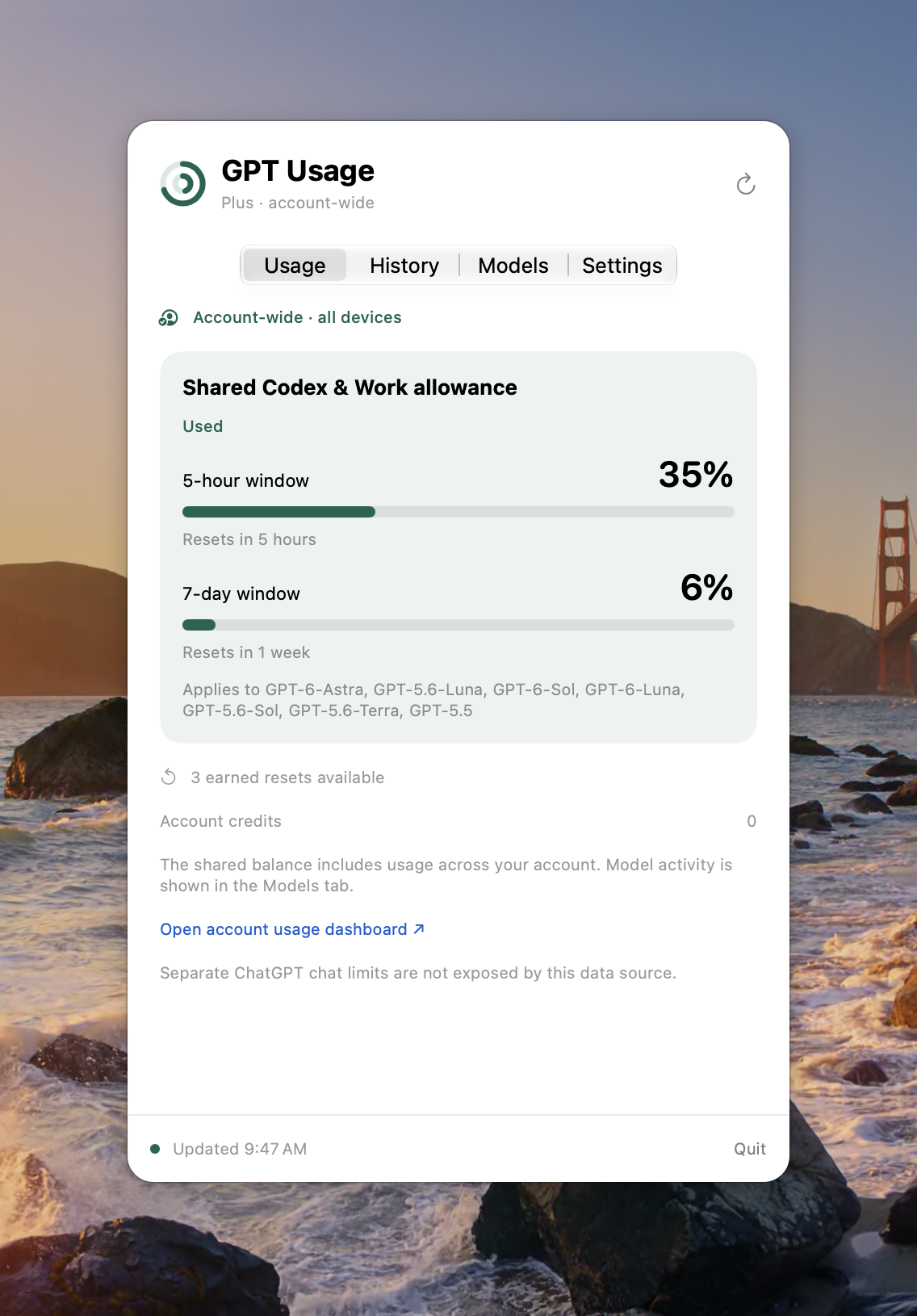 The GPT Usage popover on the Usage tab: the shared Codex and Work allowance at 35% used in the 5-hour window, resetting in 5 hours, and 6% in the 7-day window, resetting in 1 week, followed by the models it applies to, 3 earned resets available, and account credits.