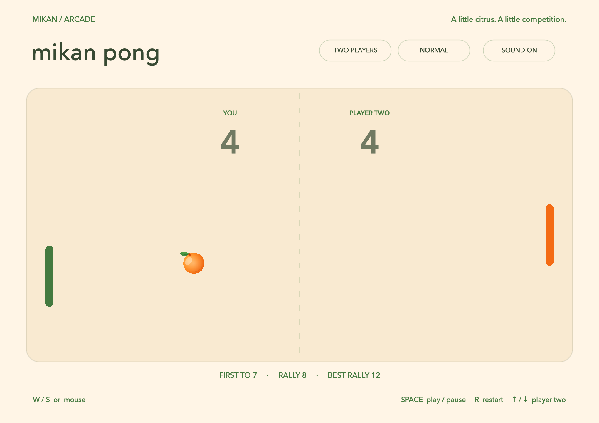 A two-player game of Mikan Pong tied at 4 to 4, with the right side labelled Player Two and the current rally at 8.