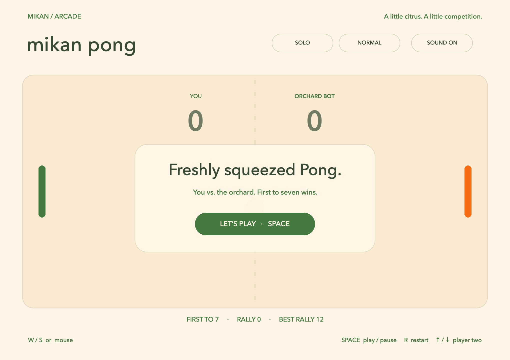 The Mikan Pong start screen: a card reading Freshly squeezed Pong. You vs. the orchard. First to seven wins, with a Let's Play button, above buttons for Solo, Normal difficulty, and Sound On.